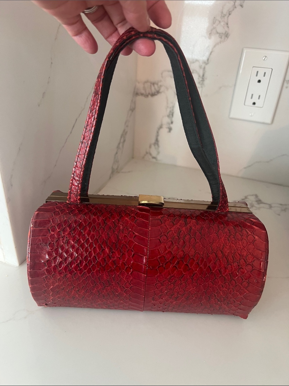 Vintage 1940’s snakeskin leather  Barrel Mini Handbag with Top Clasp brass